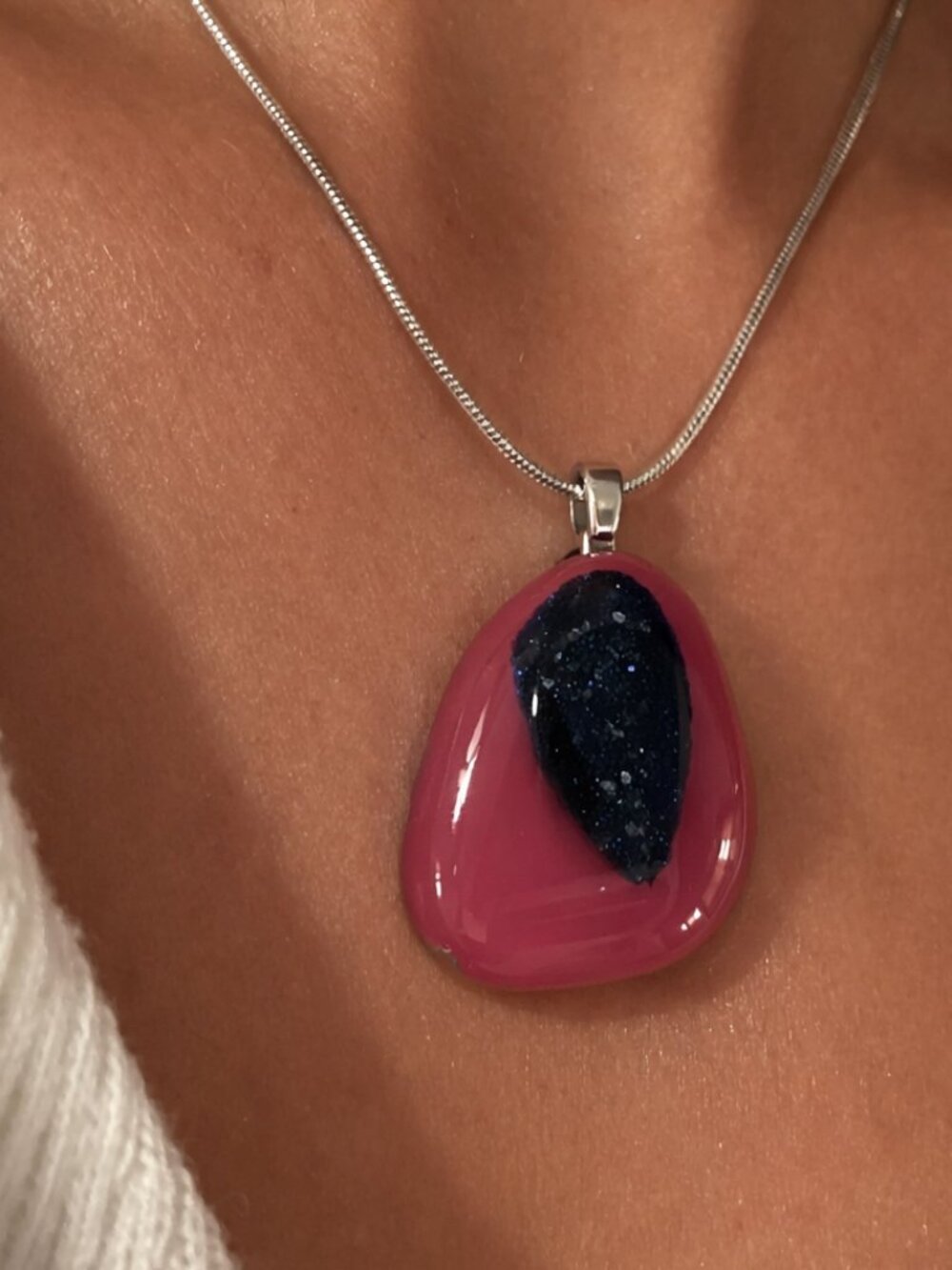 Natural Stone Pendant Necklace on 18K GP White Gold Chain